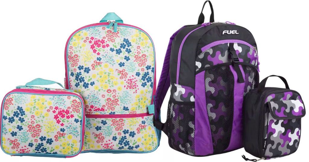 girl's floral print backpack and lunch bag and girls purple black white camo print backpack and lunch bag