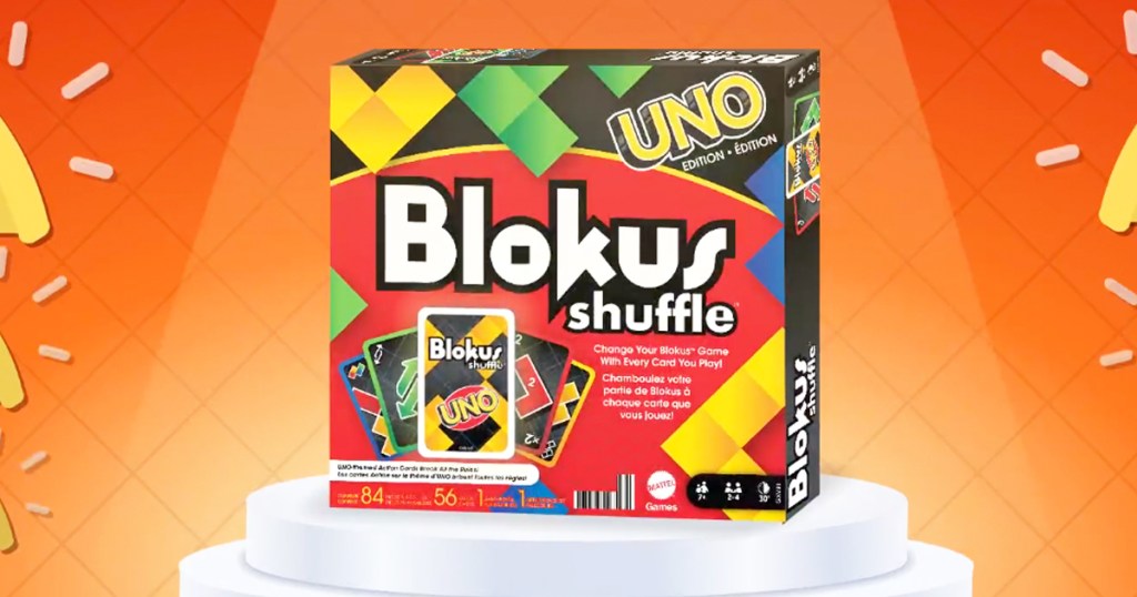 Blokus Shuffle UNO Edition Game on a white pedestal 