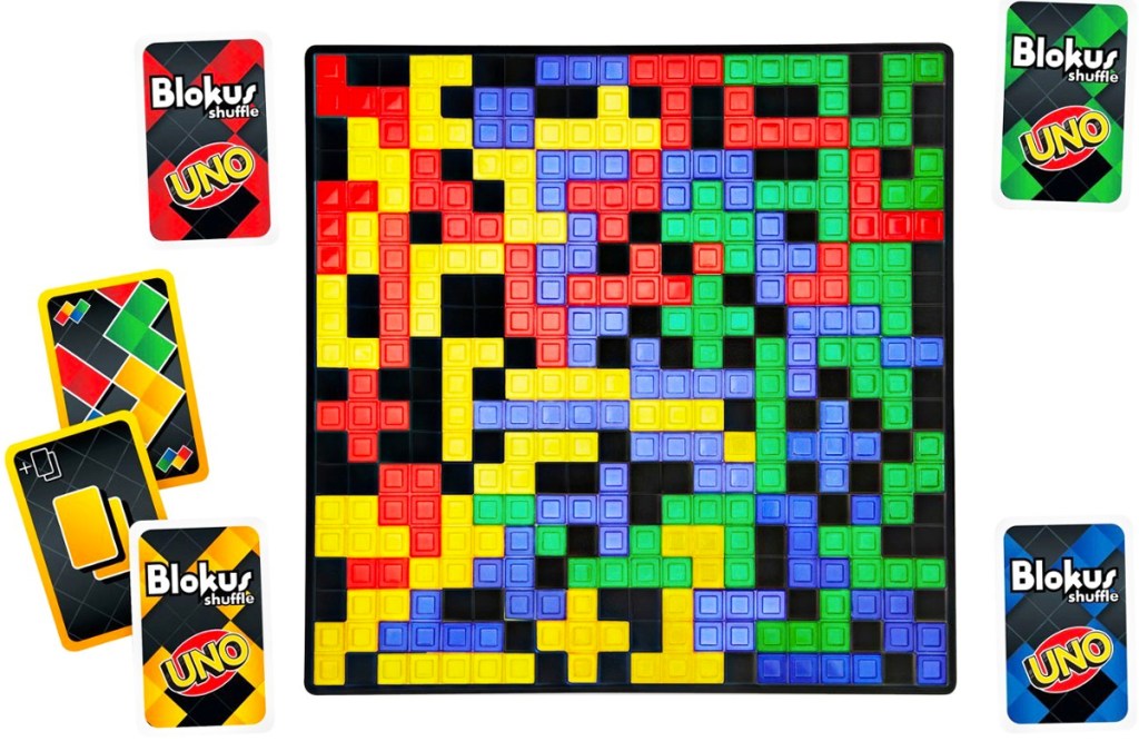 Blokus Shuffle game board with uno cards