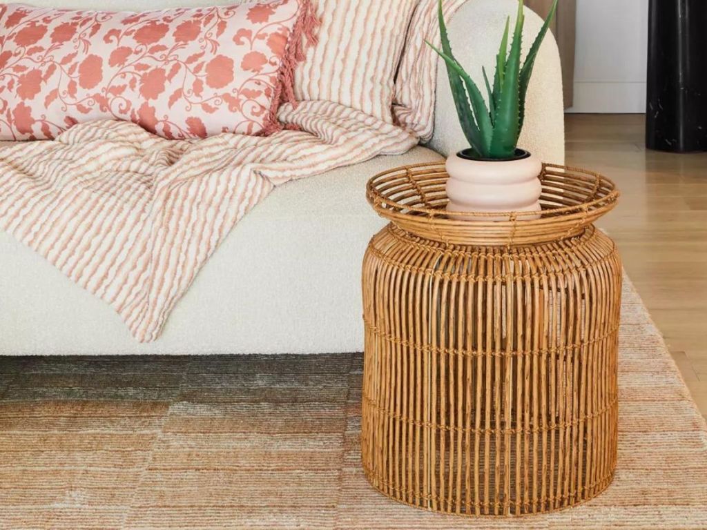 a natural wood colored rattan side table with an aloe plant atop in front of a couch 