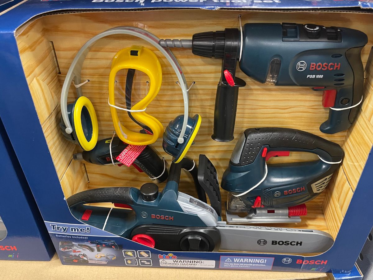 Bosch Toy Power Tool Set in warehouse on a shelf