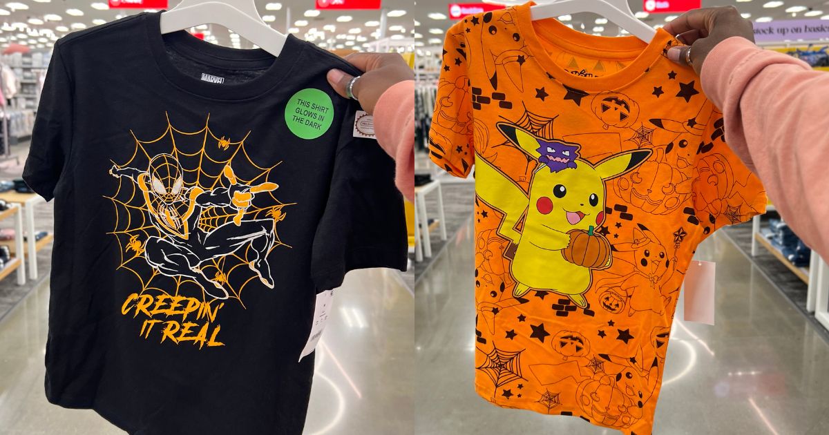 2 boys Halloween shirts: Spiderman and Pikachu