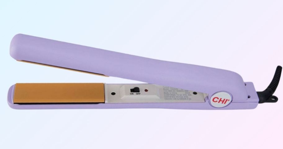 chi lavender flat iron on a pastel blue and pink background