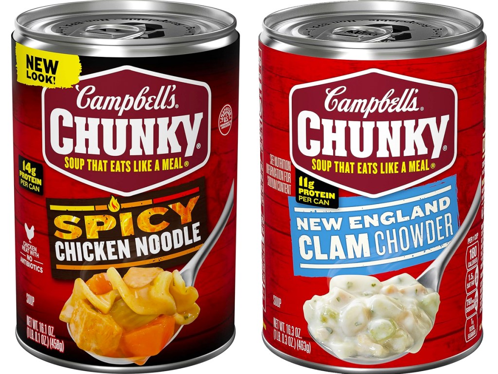 Campbell's Chunky Soups in Spicy Chicken Noodle and New England Clam Chowder