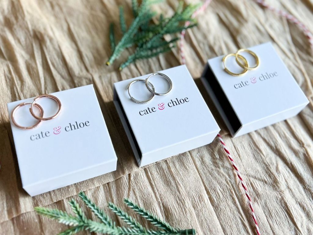 3 pairs of Cate & Chloe Bianca earrings in different finishes