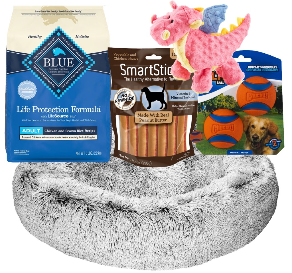dog bed, food, treats, and toys
