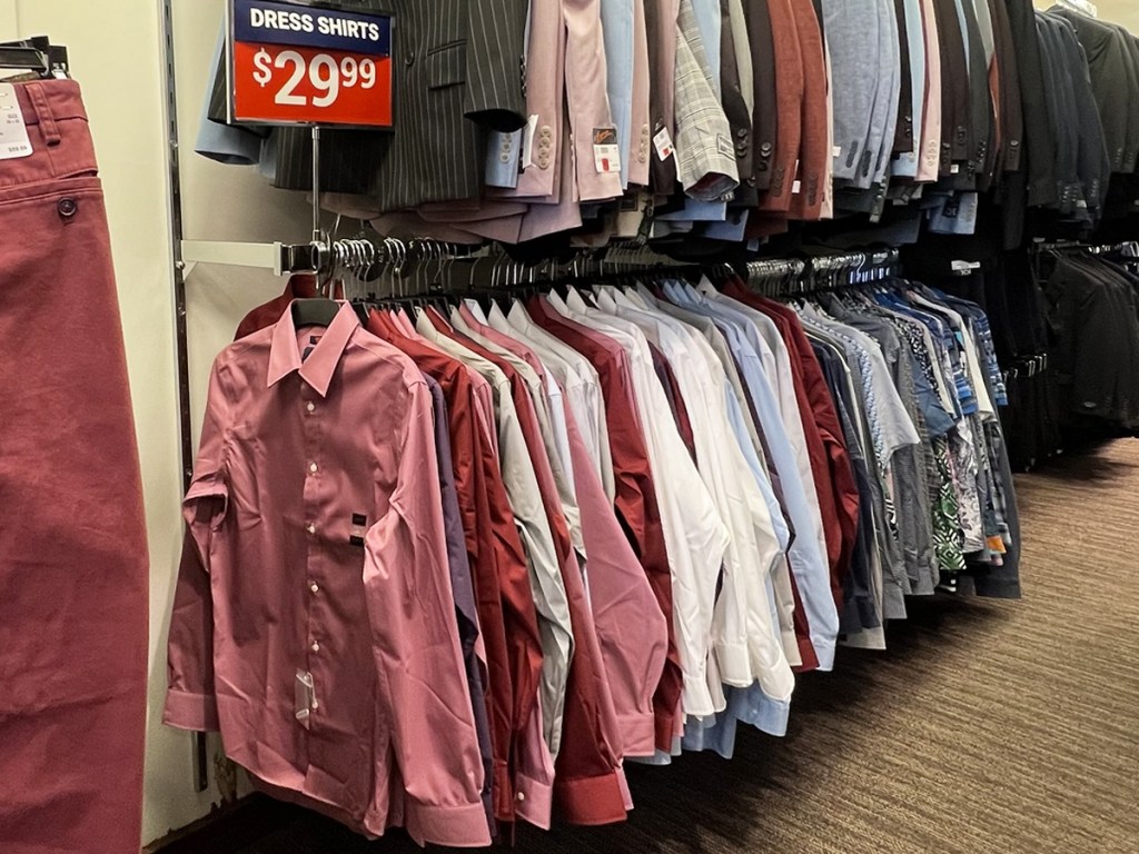 rack of men's dress shirts on clearance