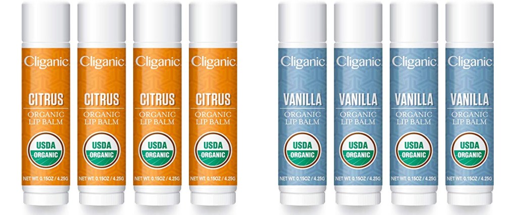Cliganic Organic Lip Balms in citrus and vanilla scents