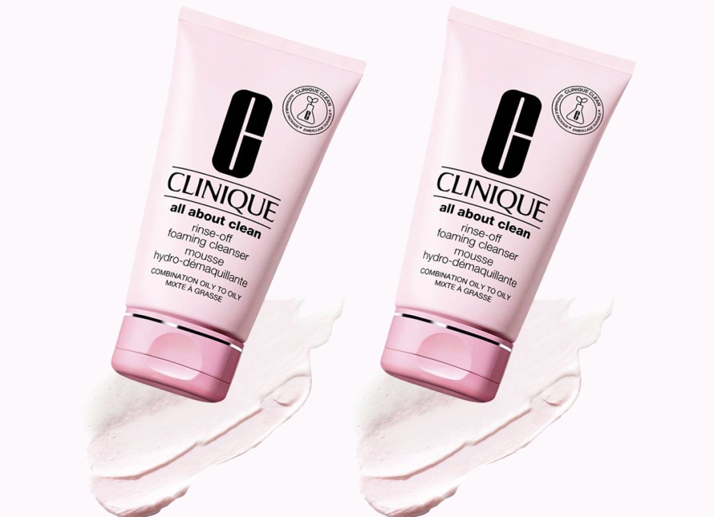 two bottles of Clinique All About Clean Rinse-Off Foaming Cleanser