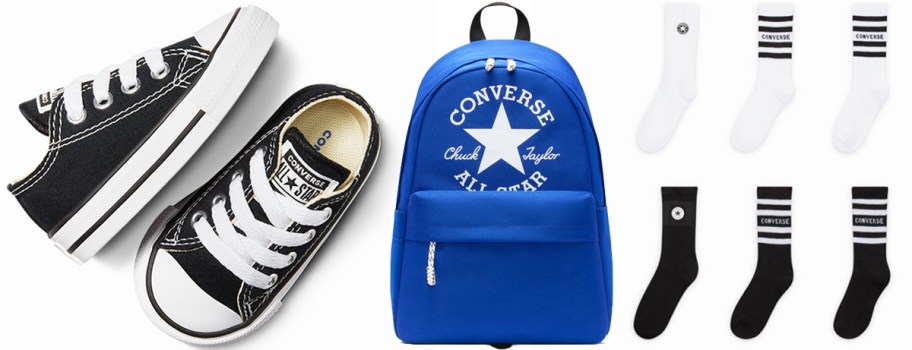 black converse shoes, blue backpack, and white and black crew socks