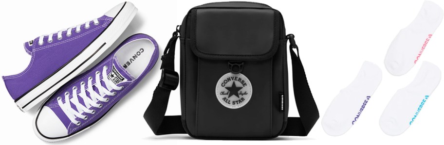 purple converse sneakers, black bag, and white ankle socks