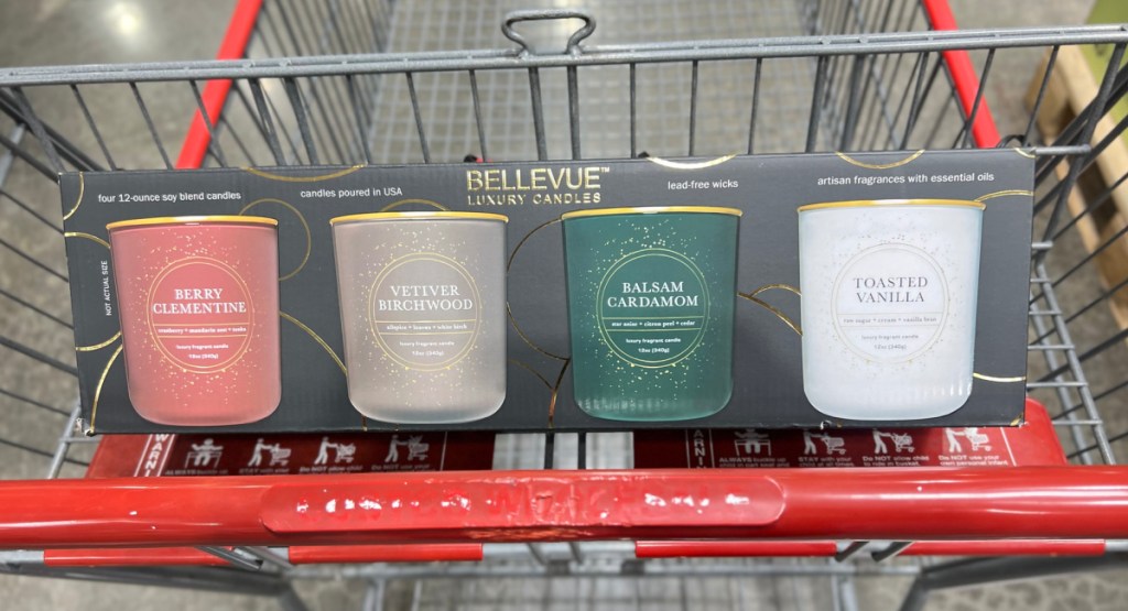 Costco cart with luxury candles inside of it