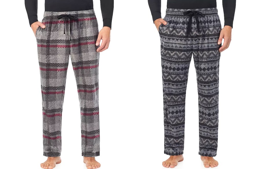 two men in grey printed fleece pajama pants