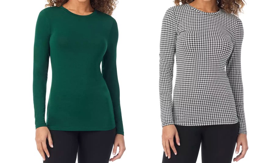 two women in solid green and houndstooth print long sleeve tops