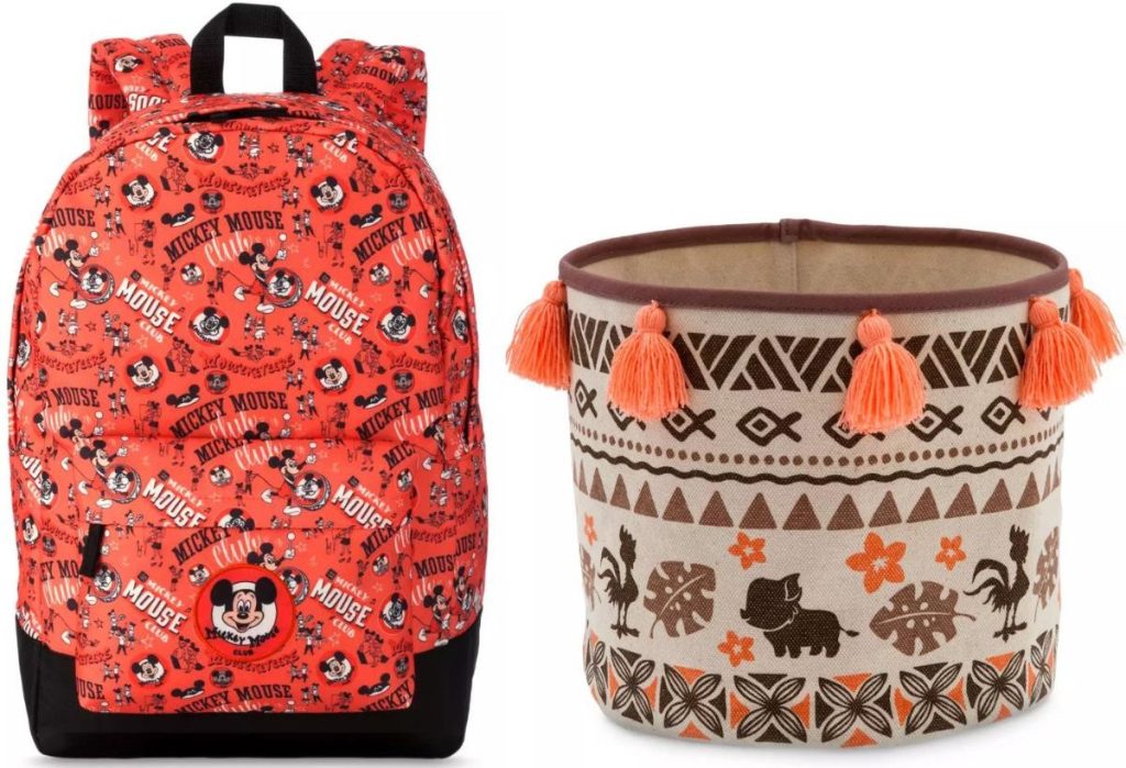 Stock images of a Mickey Mouse Club Backpack and A Moana Plant Cover