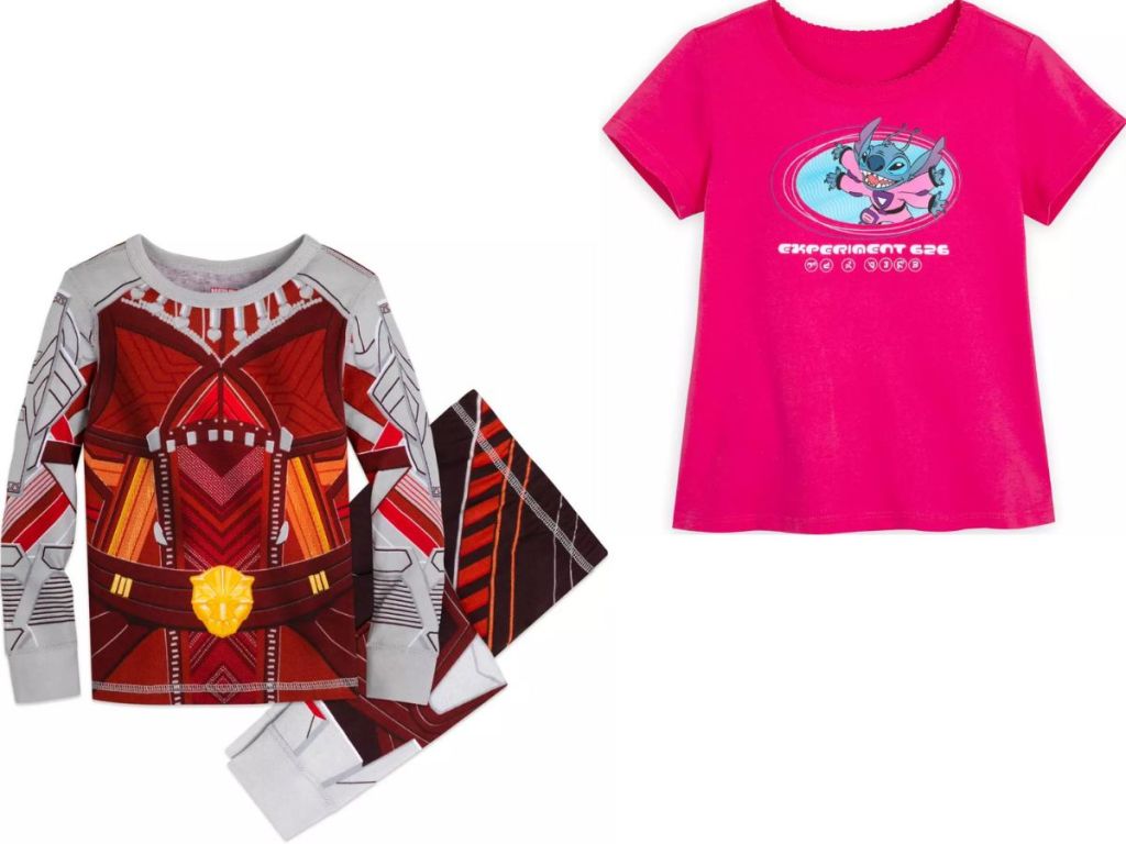 Stock images of a Wakanda Forever Kid PJ and a Stitch T-Shirt for Girls