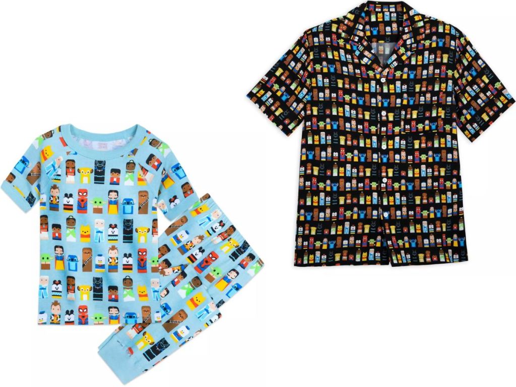 Stock images of Disney 100 Unified Character pajamas for kids and a Men's Button-Down Shirt
