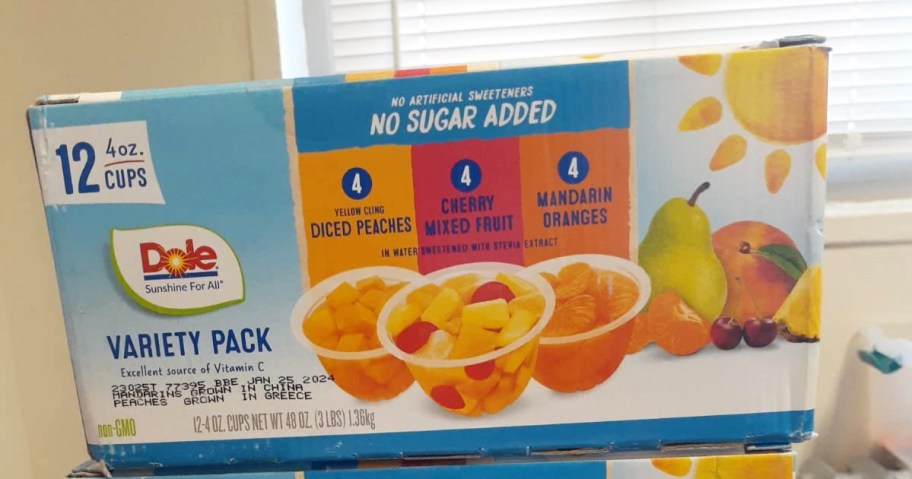 box of dole fruit cups on kitchen table