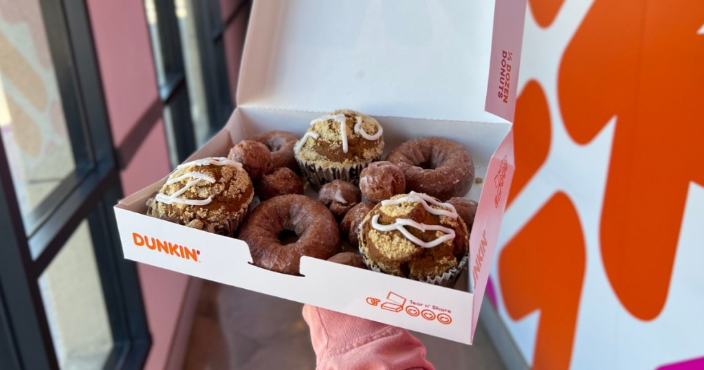 dunkin' fall donuts and muffins in donut box