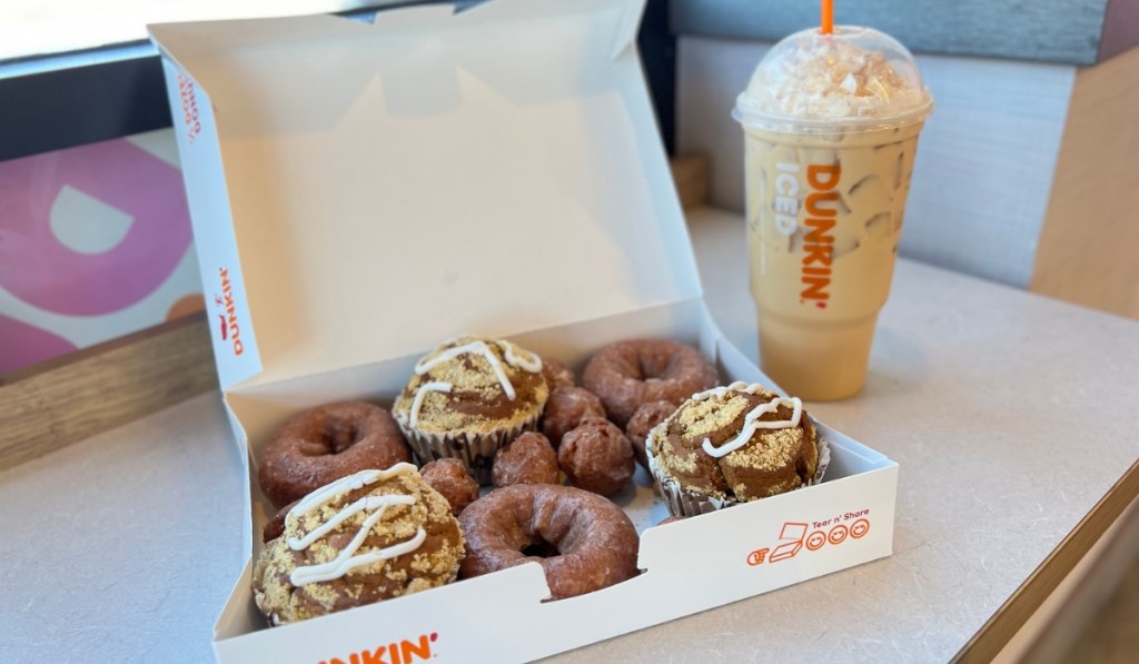dunkin' donuts large drink and donut box