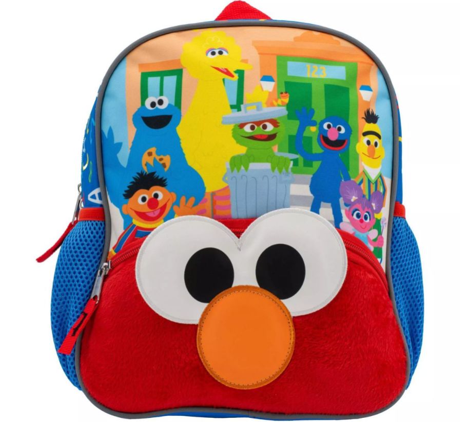 a kids backpack with elmo ernie grover and oscar characters