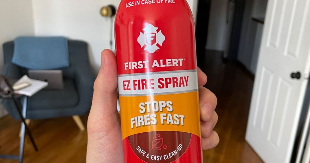 Hand holding a bottle of First Alert Fire Extinguisher Spray
