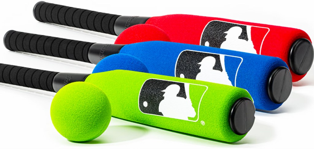 green, blue, and red foam baseball bats with foam balls