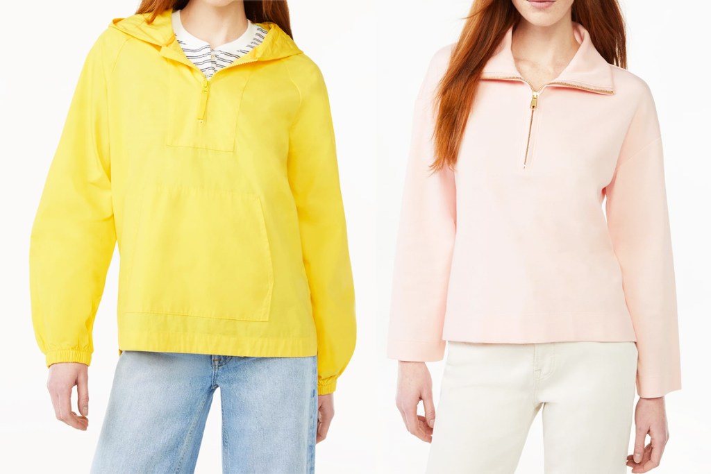 woman in yellow windbreaker and woman in pink half-zip sweatshirt