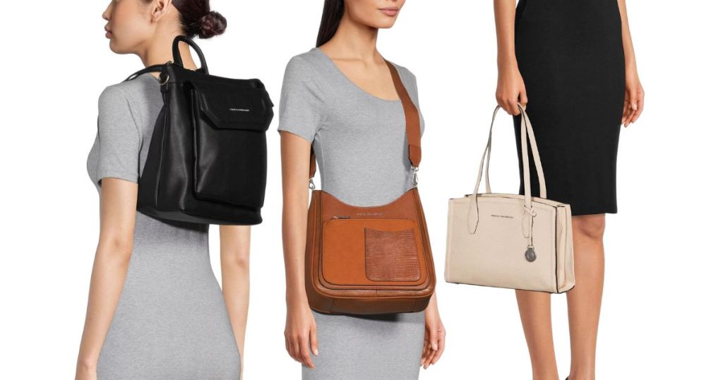 woman wearing black backpack, woman wearing brown tote bag and woman carrying cream tote bag