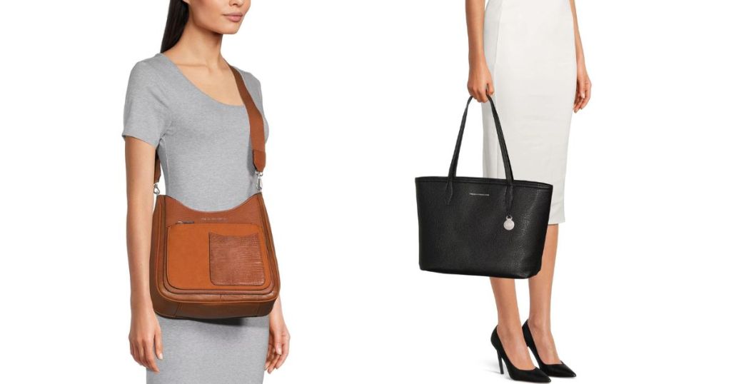 woman carrying brown crossbody and woman carrying black tote bag