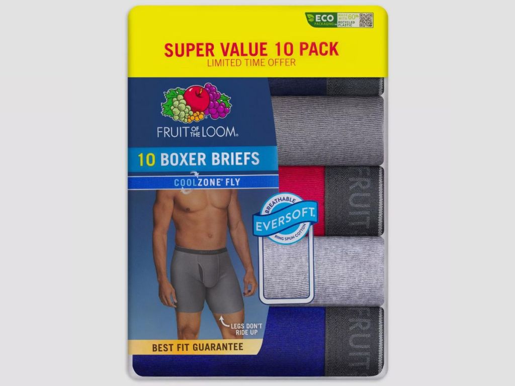 A pack of Fruit of the Loom 10 Boxer Briefs CoolZone