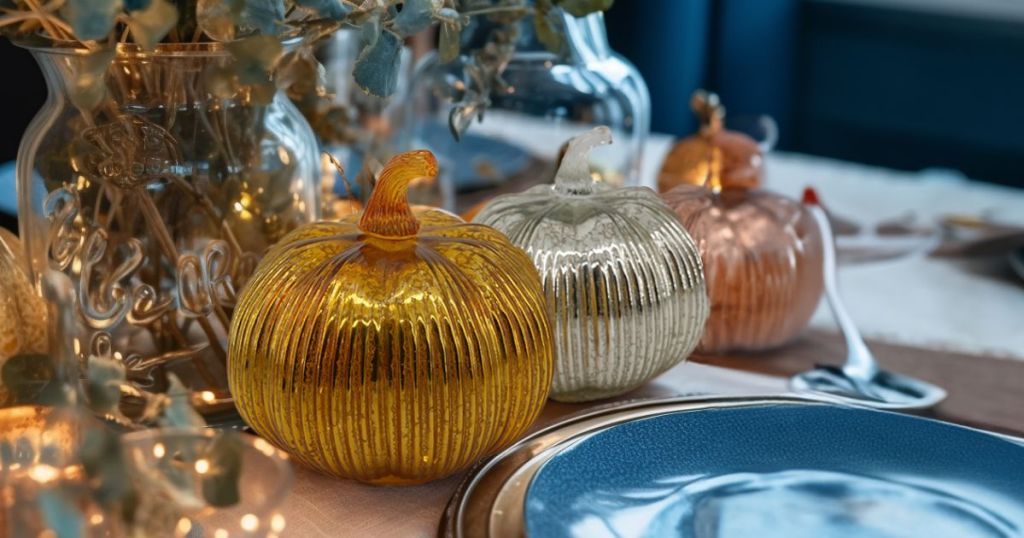orange, silver and rose gold glass pumpkins on table