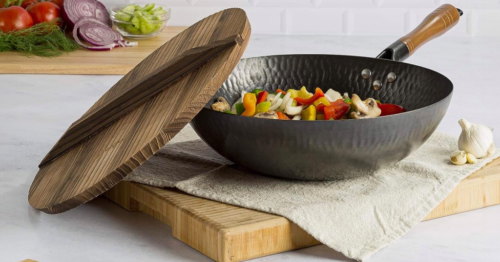 Goodful Hammered Carbon Steel Pow Wok Pan with Lid Cookware