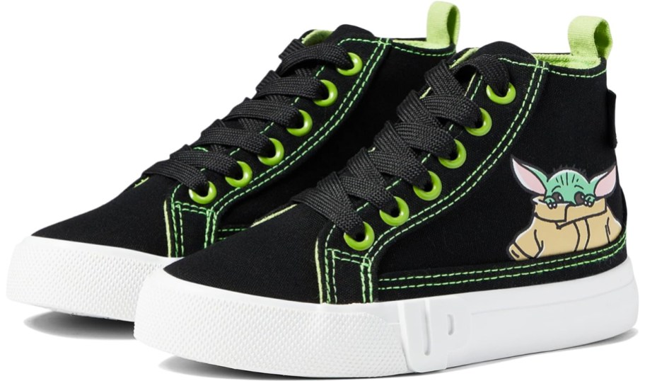 black and green hightop sneakers with grogu on the side