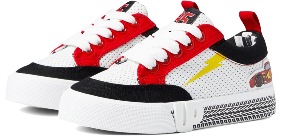 black, white, and red disney car sneakers