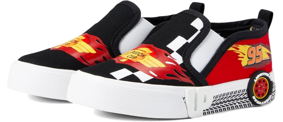 black, white, and red disney car sneakers
