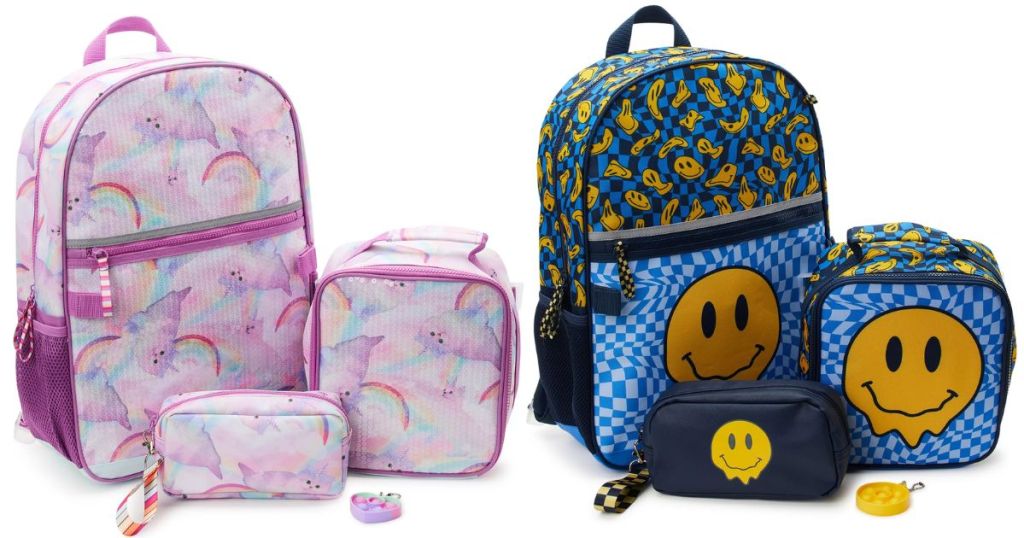 Wonder Nation Kids 17" Laptop Backpack and Lunch Tote Set, 4-Piece, Caticorn Print Radiant Orchid and Smiley Face Print