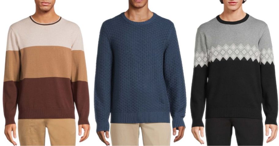 3 men wearing different colors and patterns of sweaters
