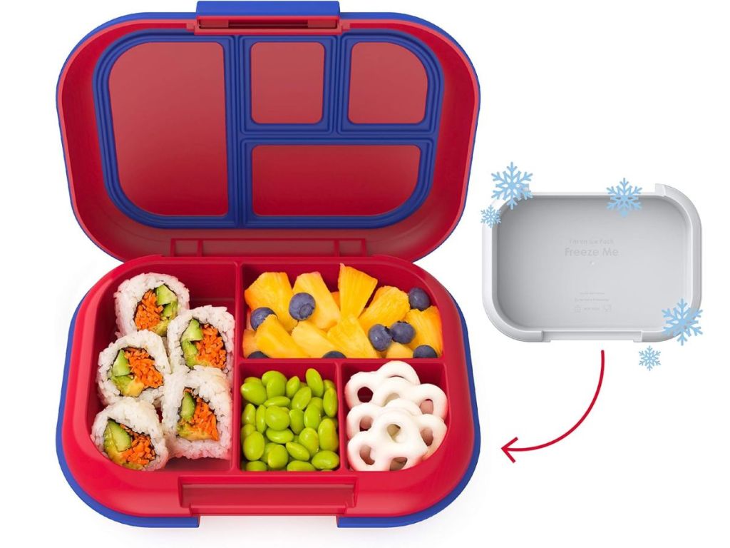 red Bentgo lunch box with compartments and showing the chill ice pack holder to the side