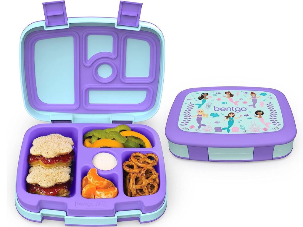 Bentgo Lunch box with mermaids, shown open with food and closed to see the top 