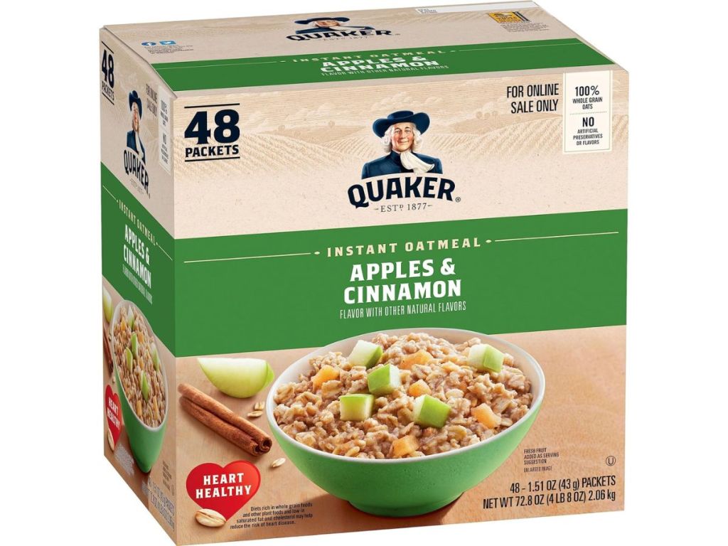 large box of Quaker Instant Oatmeal - Applies and Cinnamon flavor