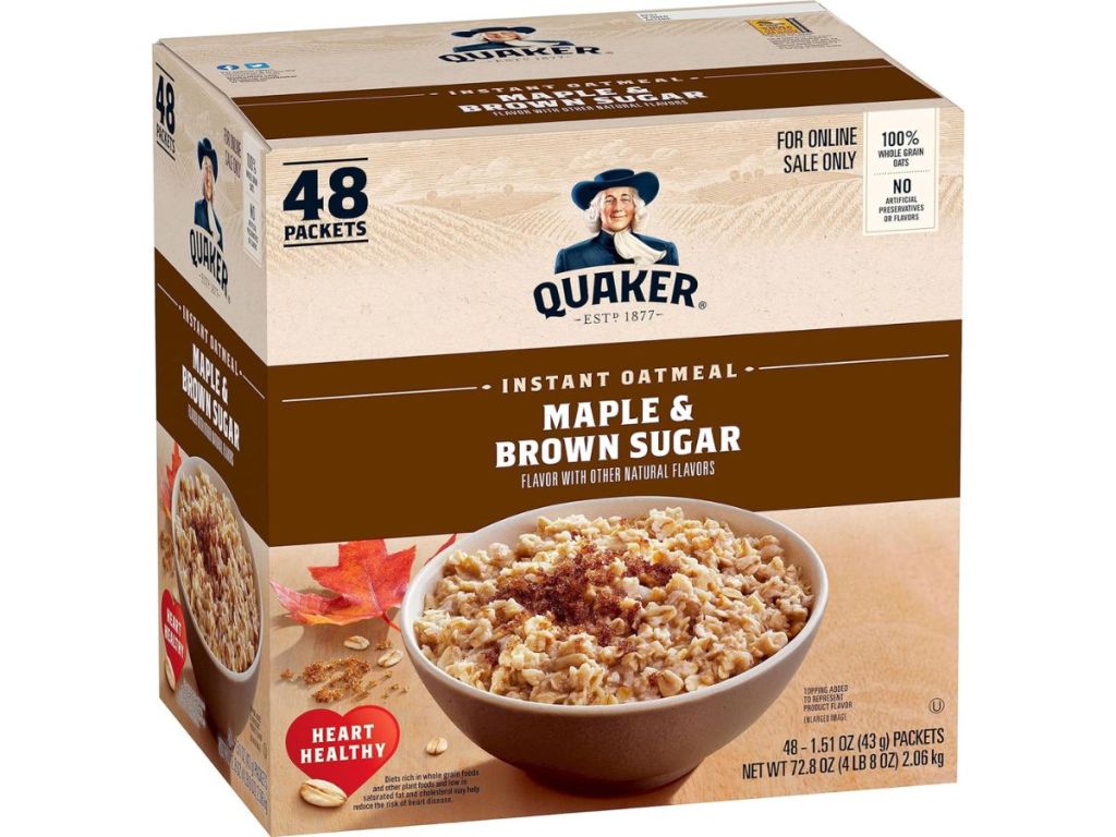 box of Quaker Oatmeal Instant Packets in Maple & Brown Sugar