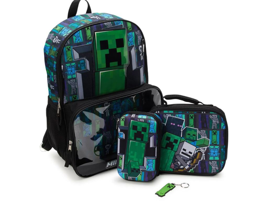 Minecraft Creeper 17" Laptop Backpack and Lunch Bag Set, 4-Piece, Black 