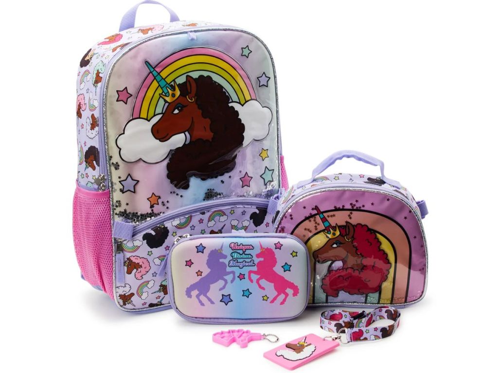 Afro Unicorn Kids 17" Laptop Backpack and Lunch Tote Set, 5-Piece 
