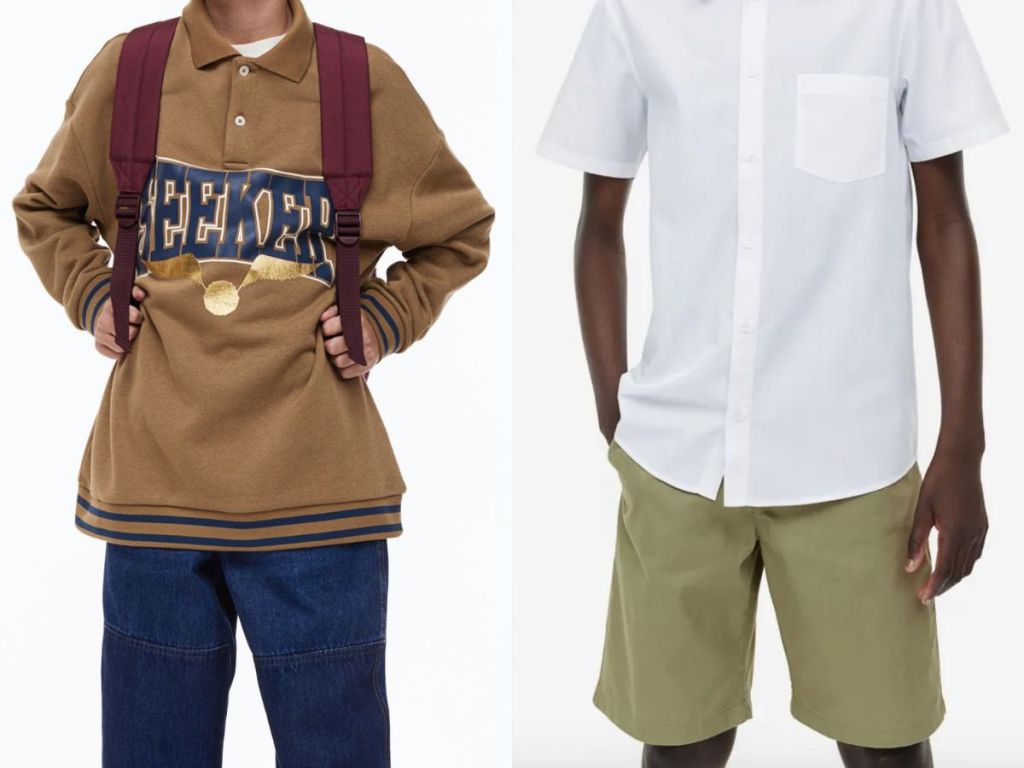 A boy in a brown Seeker sweatshirt and a boy in a white button-down shirt and olive shorts