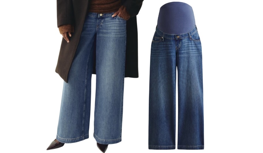 stock photo of woman modeling maternity jeans