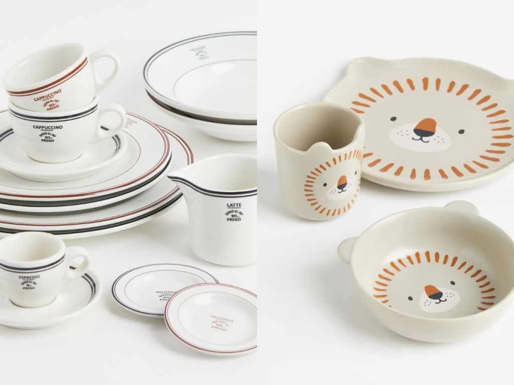coffee cups, plates, and lion plate set