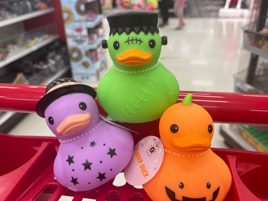 Halloween rubber ducks displayed in cart