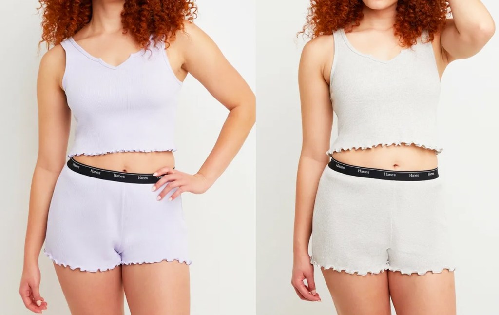 woman wearing purple and gray tank and shorts set