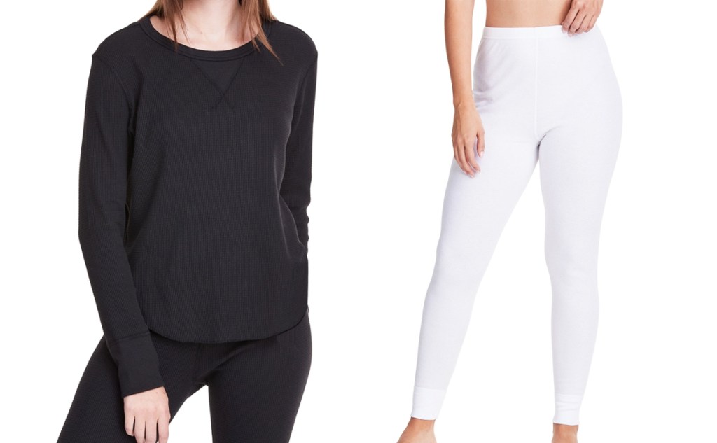 woman in black thermal top and white thermal leggings
